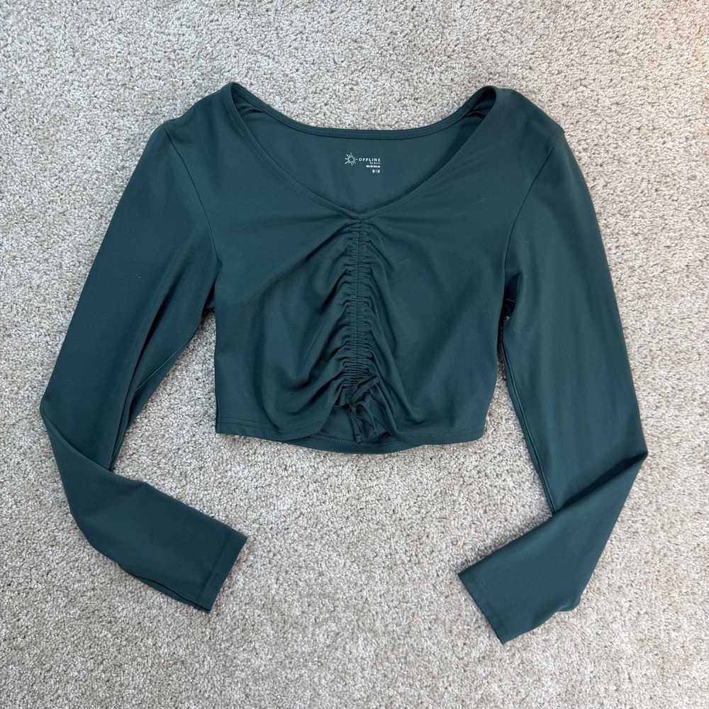 OFFLINE By Aerie Real Me Shirt Womens Medium Green Ruched Long Sleeve Crop Top